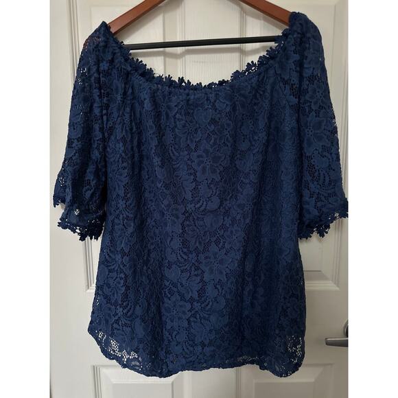 Women’s Miholl Navy Blue Bell Half-Sleeve Mesh Lace Top Sz XL - Picture 1 of 5